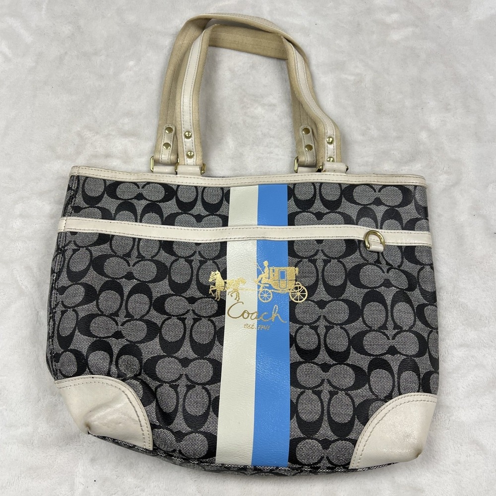 Coach Heritage Stripe Tote Women Large Black Blue Signature C Canvas 13196